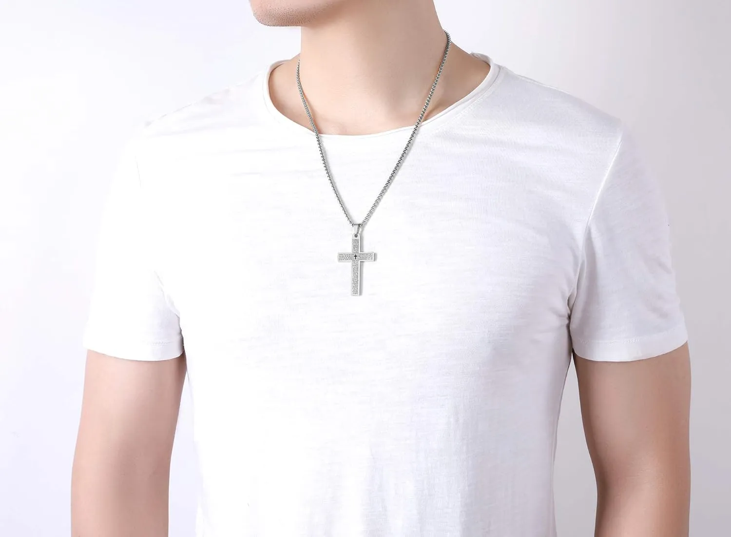 JAYUMO Cross Necklace for Men Stainless Steel Crucifix Lord's Prayer Pendant Necklace 20 Inch Chain