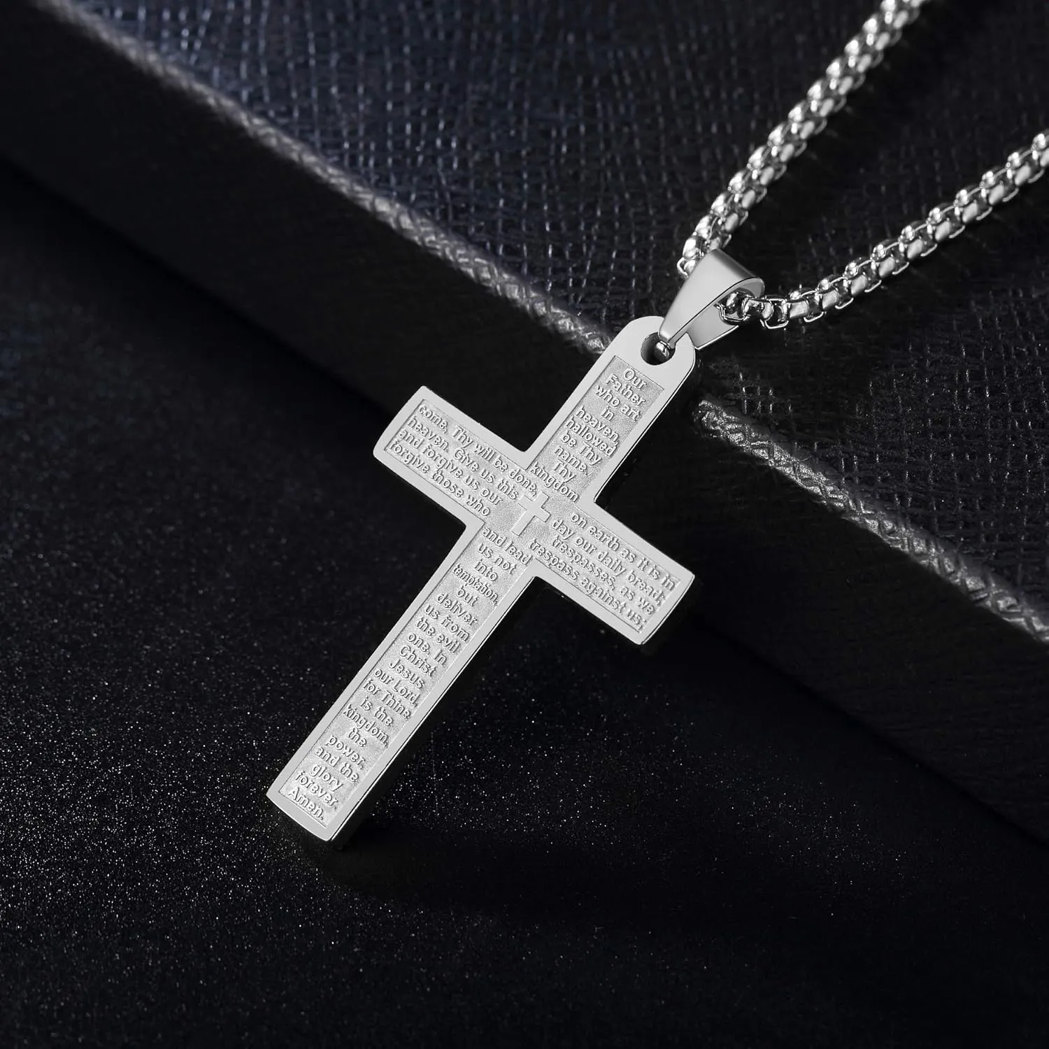 JAYUMO Cross Necklace for Men Stainless Steel Crucifix Lord's Prayer Pendant Necklace 20 Inch Chain