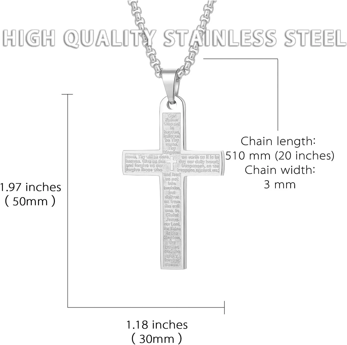 JAYUMO Cross Necklace for Men Stainless Steel Crucifix Lord's Prayer Pendant Necklace 20 Inch Chain