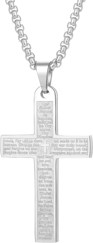 JAYUMO Cross Necklace for Men Stainless Steel Crucifix Lord's Prayer Pendant Necklace 20 Inch Chain