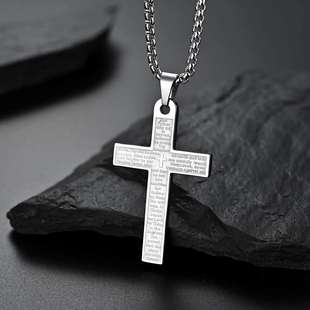 JAYUMO Cross Necklace for Men Stainless Steel Crucifix Lord's Prayer Pendant Necklace 20 Inch Chain