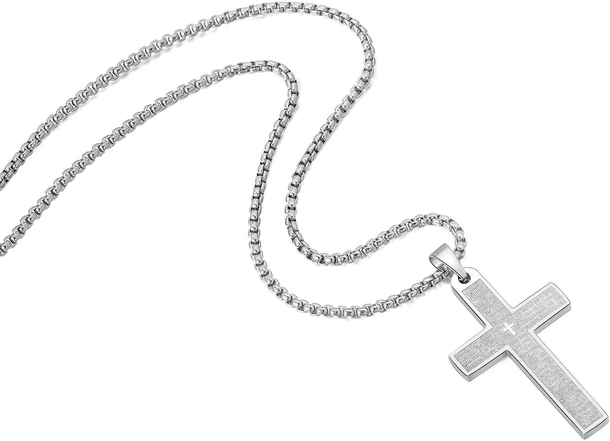 JAYUMO Cross Necklace for Men Stainless Steel Crucifix Lord's Prayer Pendant Necklace 20 Inch Chain