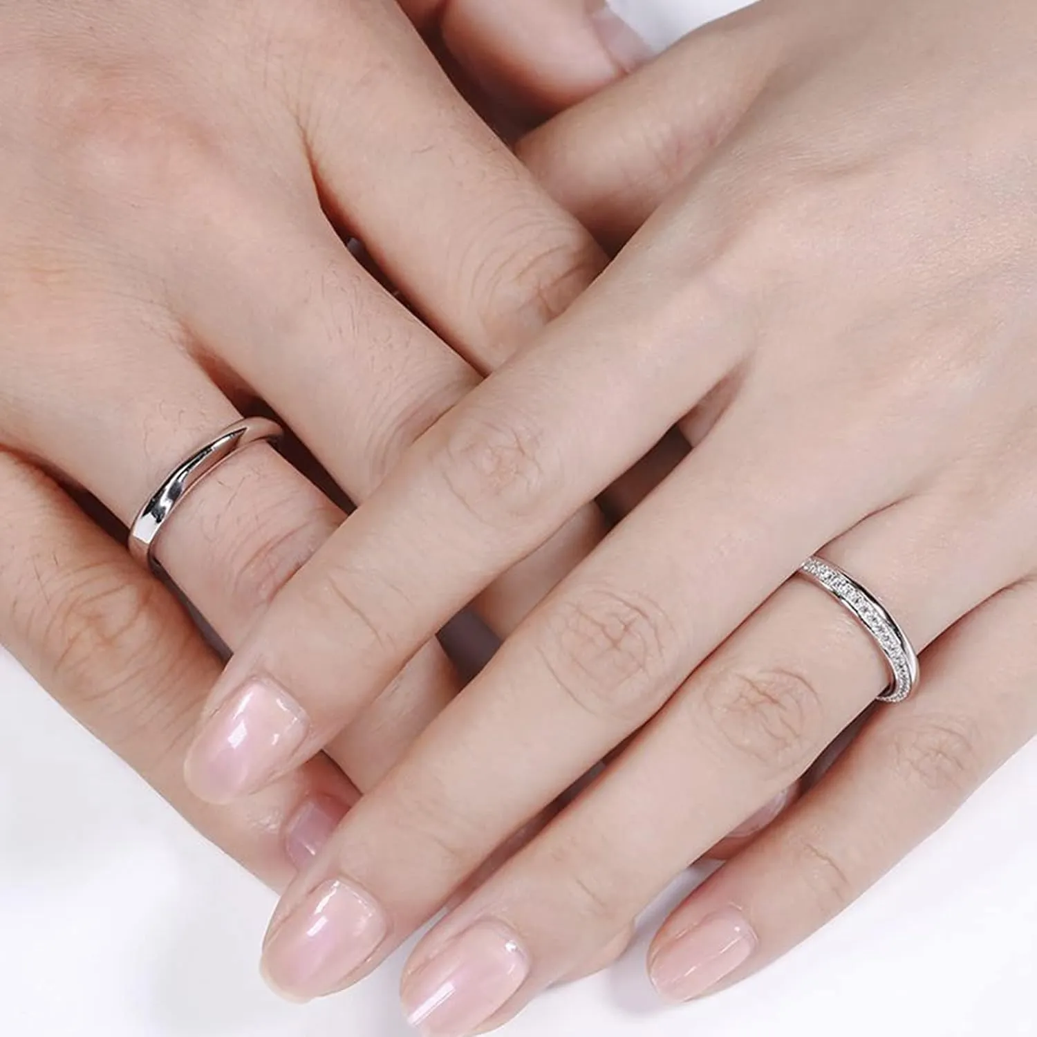 Jeulia Sterling Silver Couple Rings for His and Her Stylish Design Round Cut Matching Anniversary Wedding Diamond Ring Band Engraving Jewelry Set Valentine Day with Gift Box