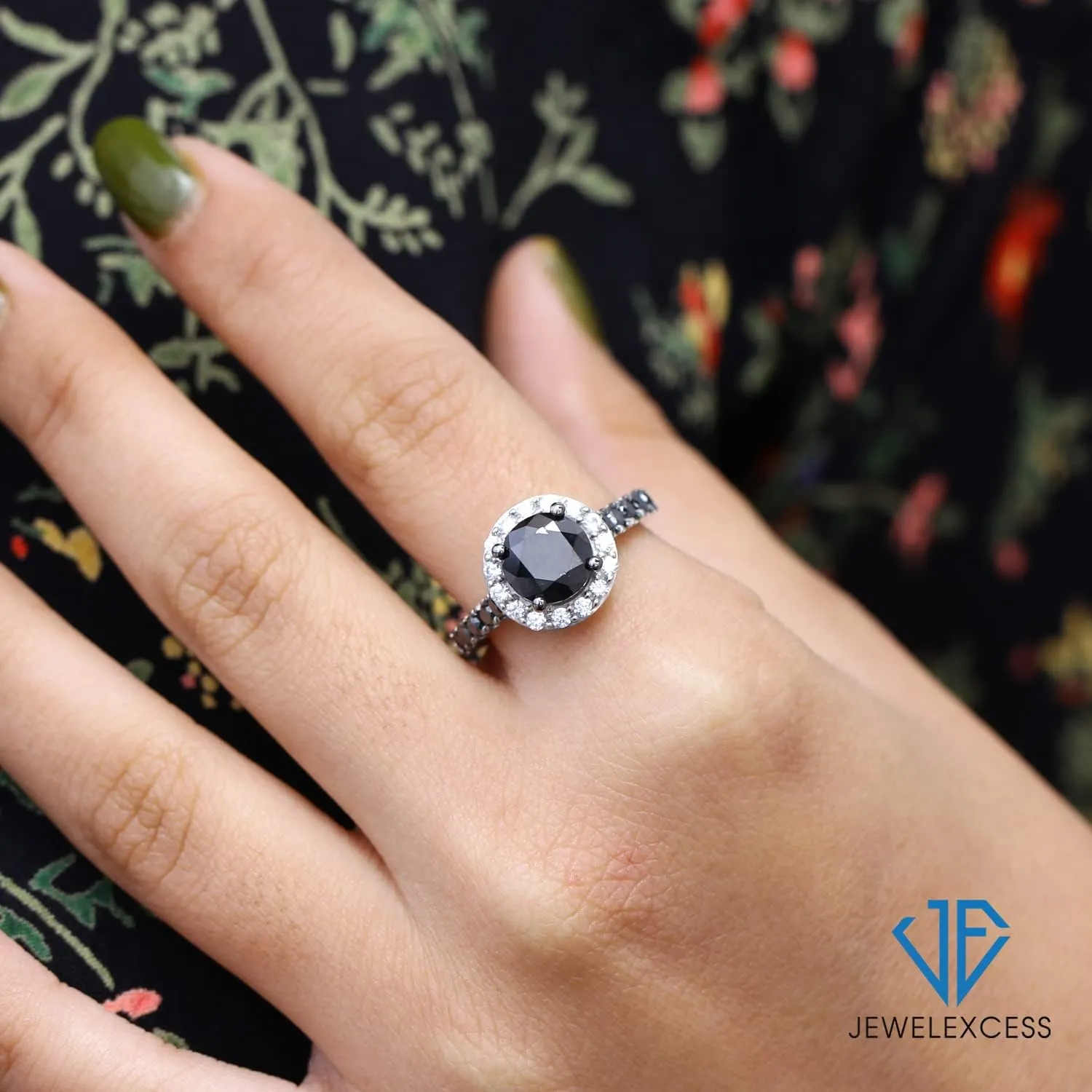 JEWELEXCESS Diamond Halo Rings  2.00CTW Black & White Diamond Halo Ring, Sterling Silver Ring Band  Black Ring Diamond Rings for Women  Birthday Gifts
