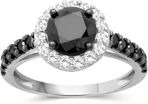 JEWELEXCESS Diamond Halo Rings  2.00CTW Black & White Diamond Halo Ring, Sterling Silver Ring Band  Black Ring Diamond Rings for Women  Birthday Gifts
