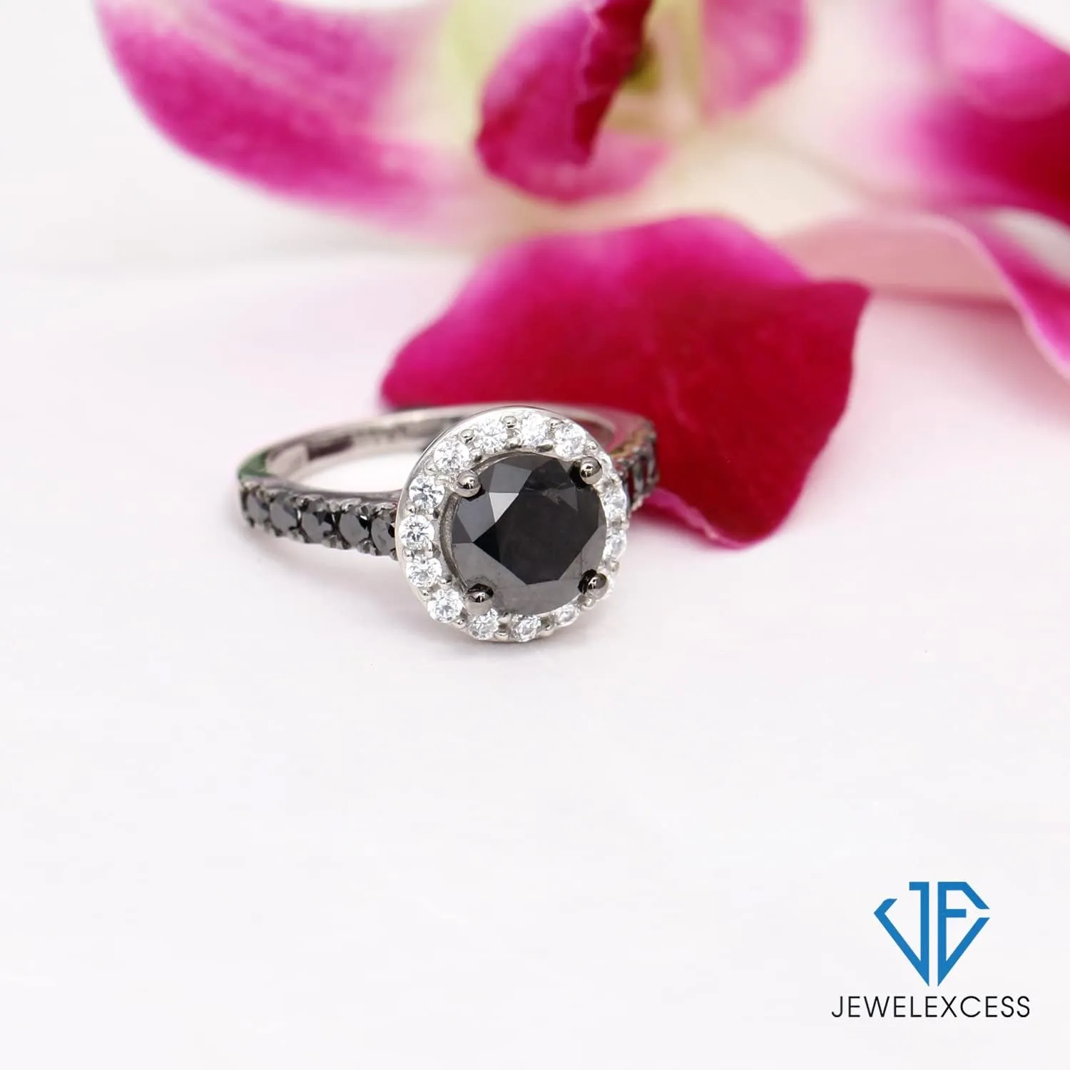 JEWELEXCESS Diamond Halo Rings  2.00CTW Black & White Diamond Halo Ring, Sterling Silver Ring Band  Black Ring Diamond Rings for Women  Birthday Gifts
