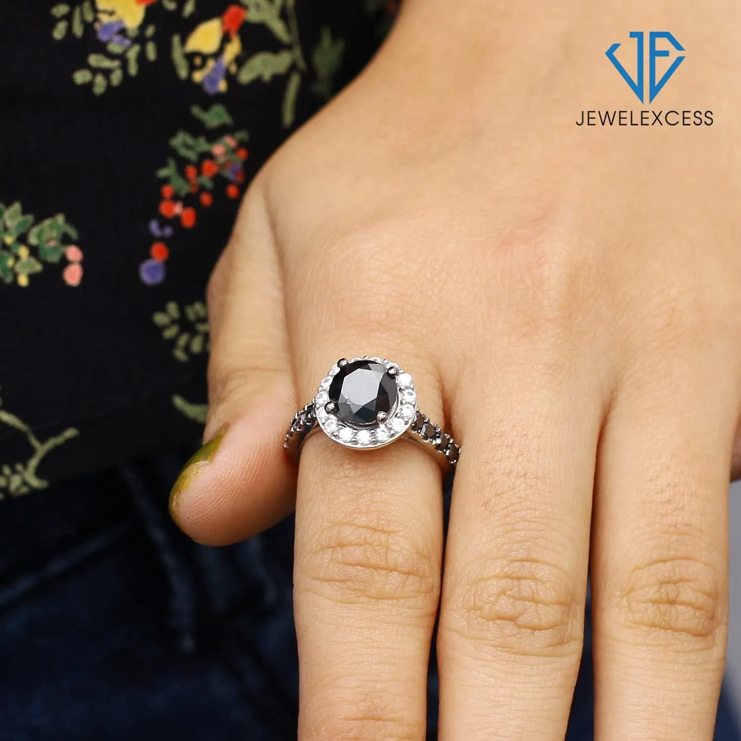 JEWELEXCESS Diamond Halo Rings  2.00CTW Black & White Diamond Halo Ring, Sterling Silver Ring Band  Black Ring Diamond Rings for Women  Birthday Gifts