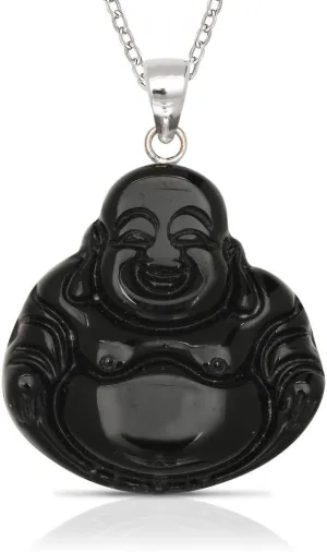 JewelryWeb - 925 Sterling Silver Natural Jade or Onyx Carved Buddha Necklace - 20mm x 30mm - Jade Buddha Necklaces for women men - Spiritual Jewelry - Buddhist Necklace - Good Luck Necklace