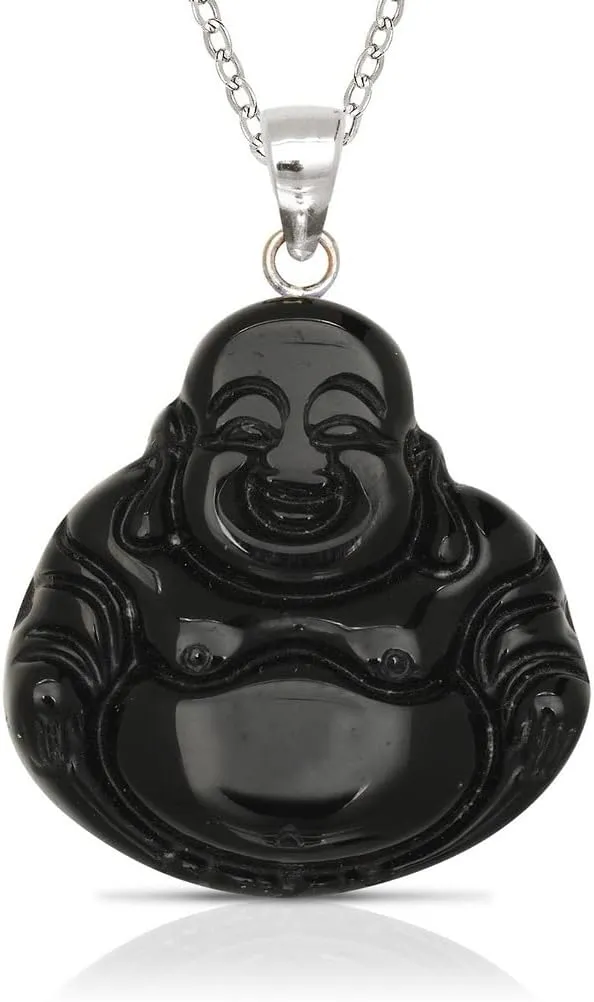 JewelryWeb - 925 Sterling Silver Natural Jade or Onyx Carved Buddha Necklace - 20mm x 30mm - Jade Buddha Necklaces for women men - Spiritual Jewelry - Buddhist Necklace - Good Luck Necklace