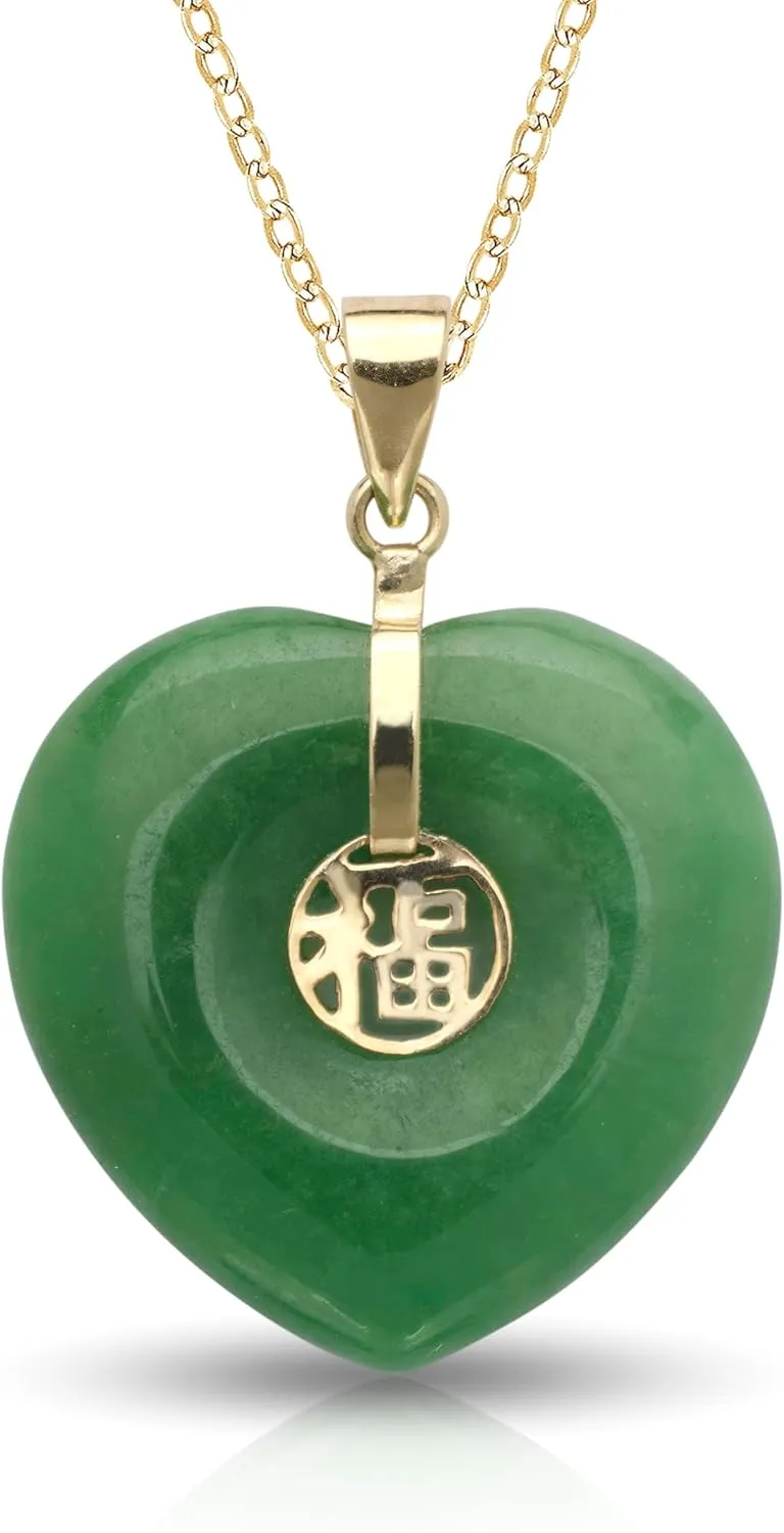 JewelryWeb - Elegant 14k Green Jade Heart Chinese Good Fortune Symbol Pendant Necklace - Genuine Symbolic Good Luck Green Jade Charm - 17x23mm - Timeless Jewelry Gift for Women