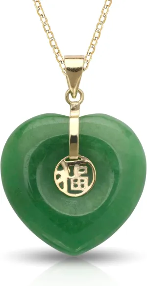 JewelryWeb - Elegant 14k Green Jade Heart Chinese Good Fortune Symbol Pendant Necklace - Genuine Symbolic Good Luck Green Jade Charm - 17x23mm - Timeless Jewelry Gift for Women
