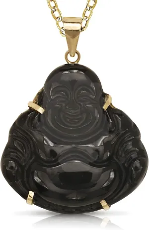 JewelryWeb - Solid 14k Yellow Gold 18" Natural Jade or Onyx Carved Laughing Buddha Pendant Necklace - 24mm x 30mm - Good Luck Necklace for Women