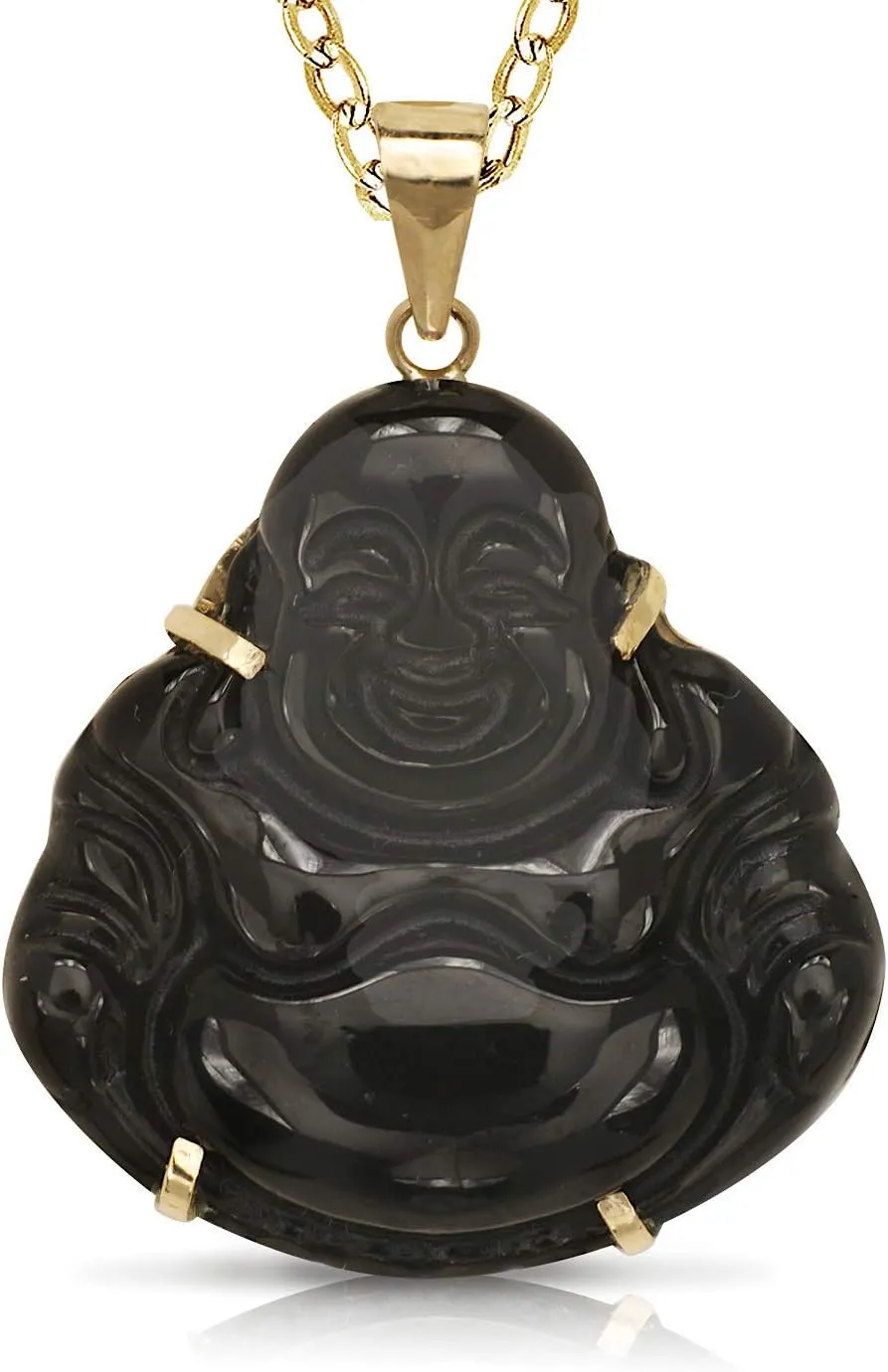 JewelryWeb - Solid 14k Yellow Gold 18" Natural Jade or Onyx Carved Laughing Buddha Pendant Necklace - 24mm x 30mm - Good Luck Necklace for Women