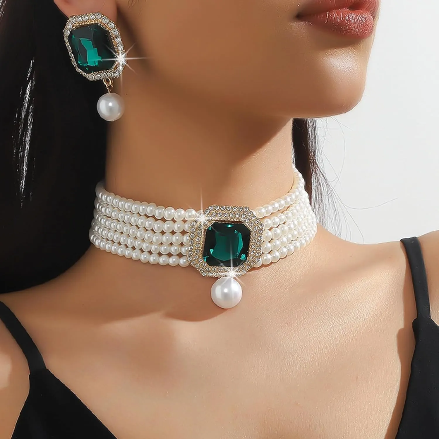 JNF Gold Plated Pearl Choker Collar Necklace for Women Crystal Rhinestone Pearl Statement Necklace and Earrings Bridal Pearls Diamond jewelry Set for Wedding