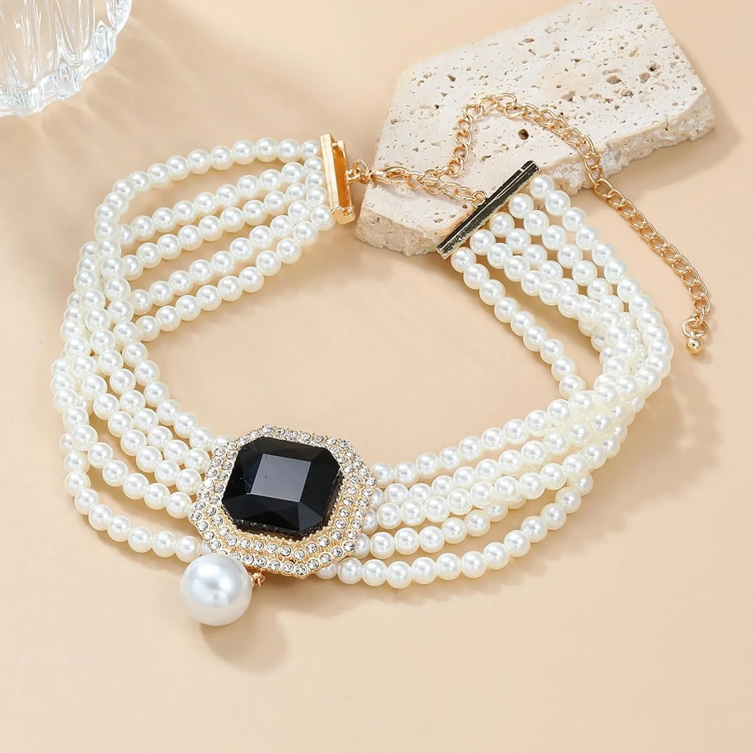 JNF Gold Plated Pearl Choker Collar Necklace for Women Crystal Rhinestone Pearl Statement Necklace and Earrings Bridal Pearls Diamond jewelry Set for Wedding