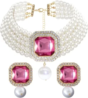 JNF Gold Plated Pearl Choker Collar Necklace for Women Crystal Rhinestone Pearl Statement Necklace and Earrings Bridal Pearls Diamond jewelry Set for Wedding