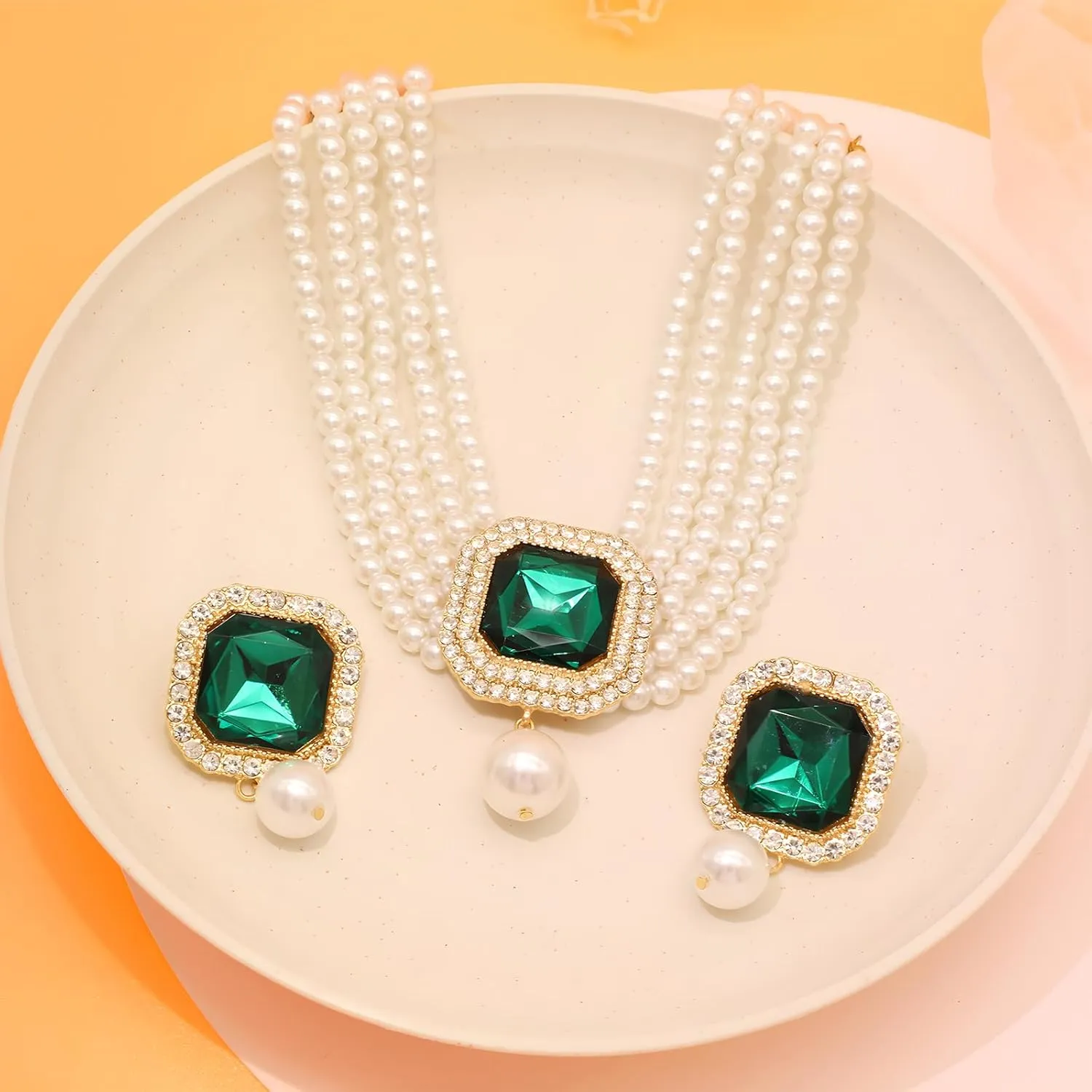 JNF Gold Plated Pearl Choker Collar Necklace for Women Crystal Rhinestone Pearl Statement Necklace and Earrings Bridal Pearls Diamond jewelry Set for Wedding