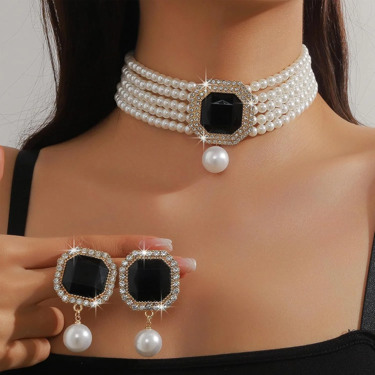 JNF Gold Plated Pearl Choker Collar Necklace for Women Crystal Rhinestone Pearl Statement Necklace and Earrings Bridal Pearls Diamond jewelry Set for Wedding