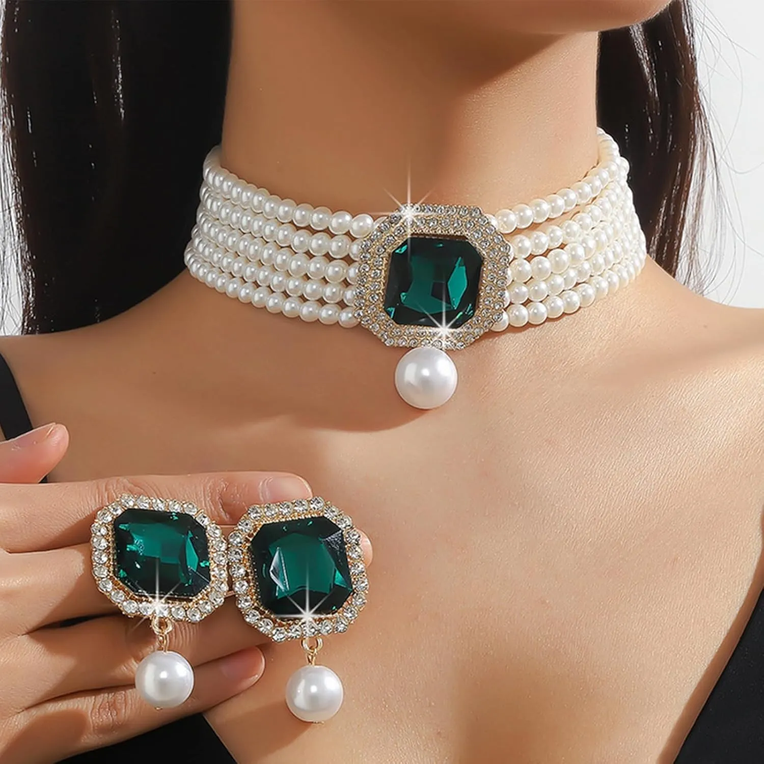 JNF Gold Plated Pearl Choker Collar Necklace for Women Crystal Rhinestone Pearl Statement Necklace and Earrings Bridal Pearls Diamond jewelry Set for Wedding