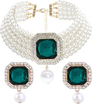 JNF Gold Plated Pearl Choker Collar Necklace for Women Crystal Rhinestone Pearl Statement Necklace and Earrings Bridal Pearls Diamond jewelry Set for Wedding