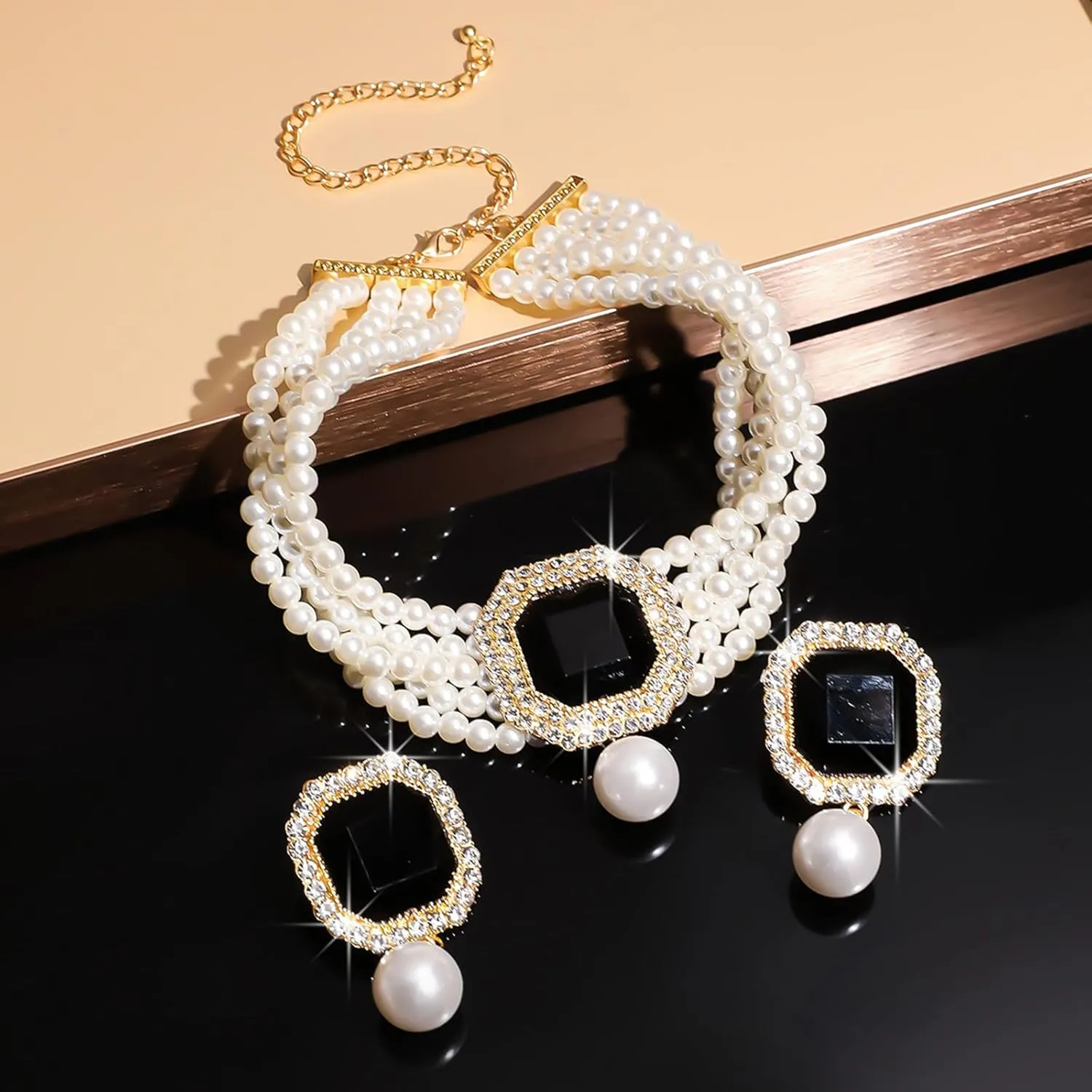 JNF Gold Plated Pearl Choker Collar Necklace for Women Crystal Rhinestone Pearl Statement Necklace and Earrings Bridal Pearls Diamond jewelry Set for Wedding