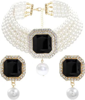 JNF Gold Plated Pearl Choker Collar Necklace for Women Crystal Rhinestone Pearl Statement Necklace and Earrings Bridal Pearls Diamond jewelry Set for Wedding