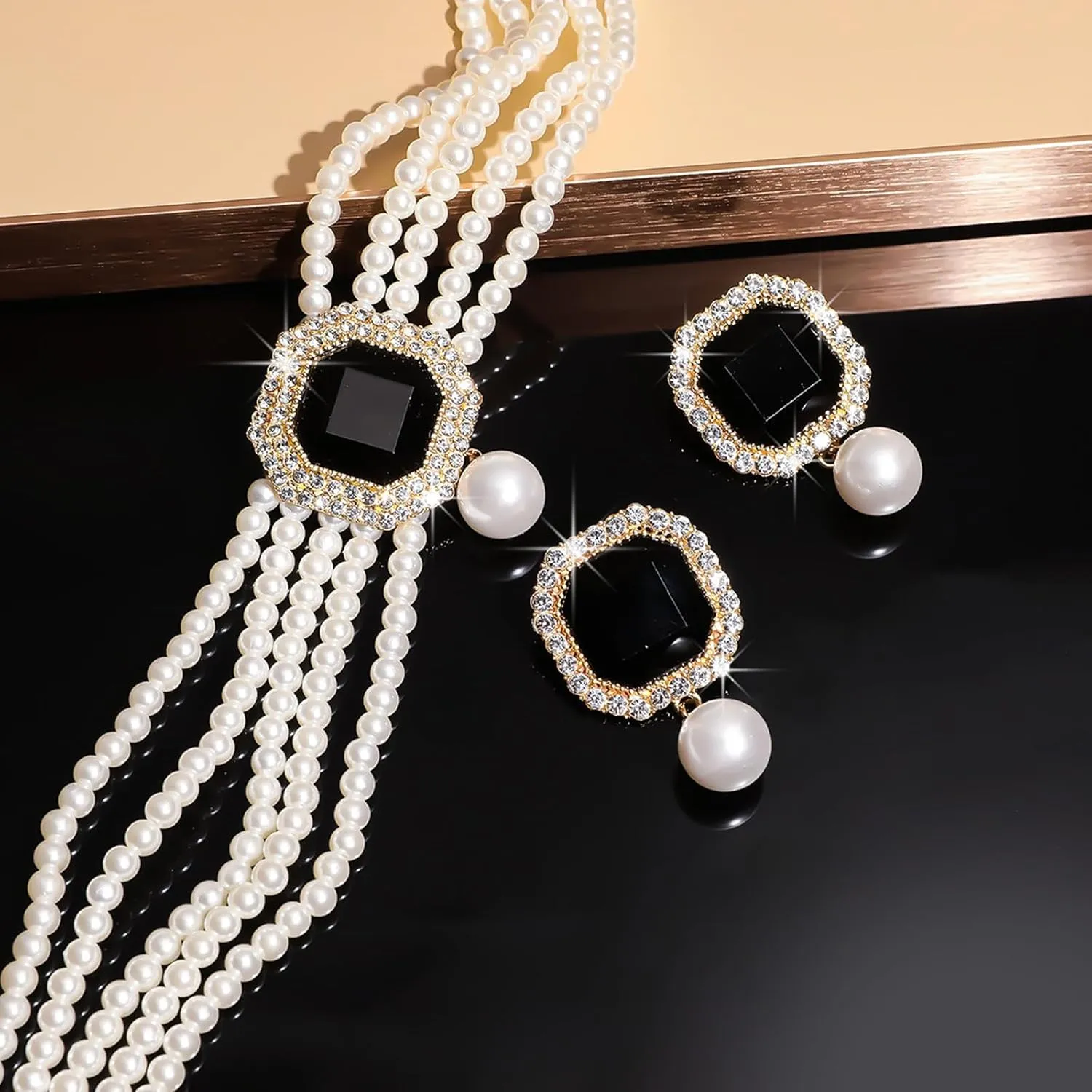 JNF Gold Plated Pearl Choker Collar Necklace for Women Crystal Rhinestone Pearl Statement Necklace and Earrings Bridal Pearls Diamond jewelry Set for Wedding