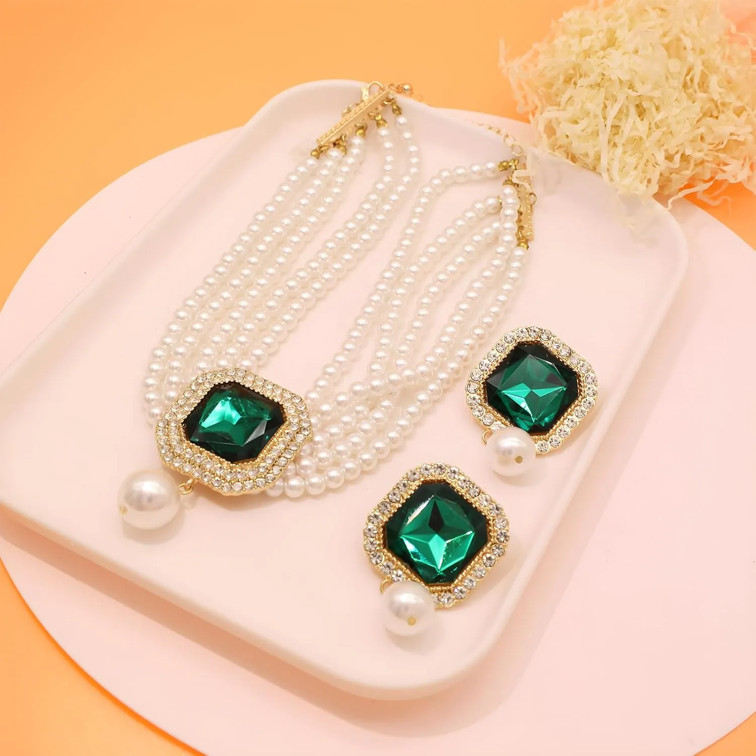 JNF Gold Plated Pearl Choker Collar Necklace for Women Crystal Rhinestone Pearl Statement Necklace and Earrings Bridal Pearls Diamond jewelry Set for Wedding