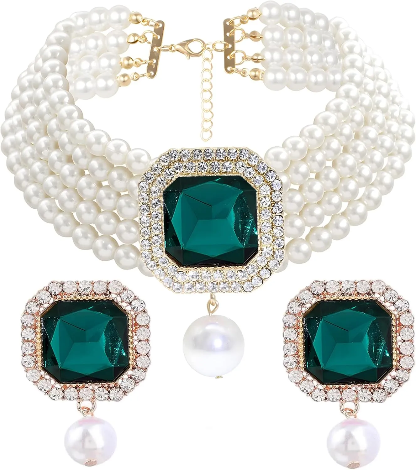 JNF Gold Plated Pearl Choker Collar Necklace for Women Crystal Rhinestone Pearl Statement Necklace and Earrings Bridal Pearls Diamond jewelry Set for Wedding