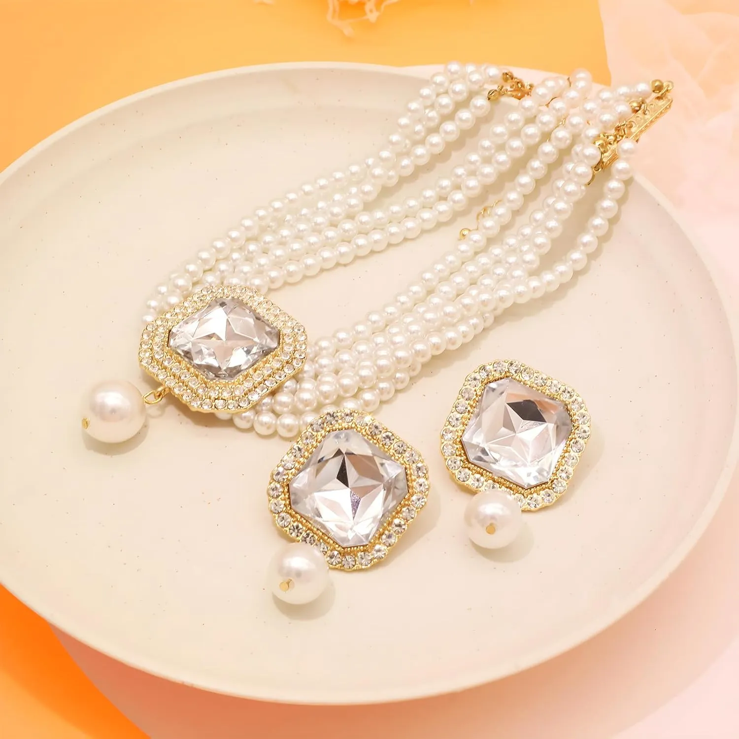 JNF Gold Plated Pearl Choker Collar Necklace for Women Crystal Rhinestone Pearl Statement Necklace and Earrings Bridal Pearls Diamond jewelry Set for Wedding