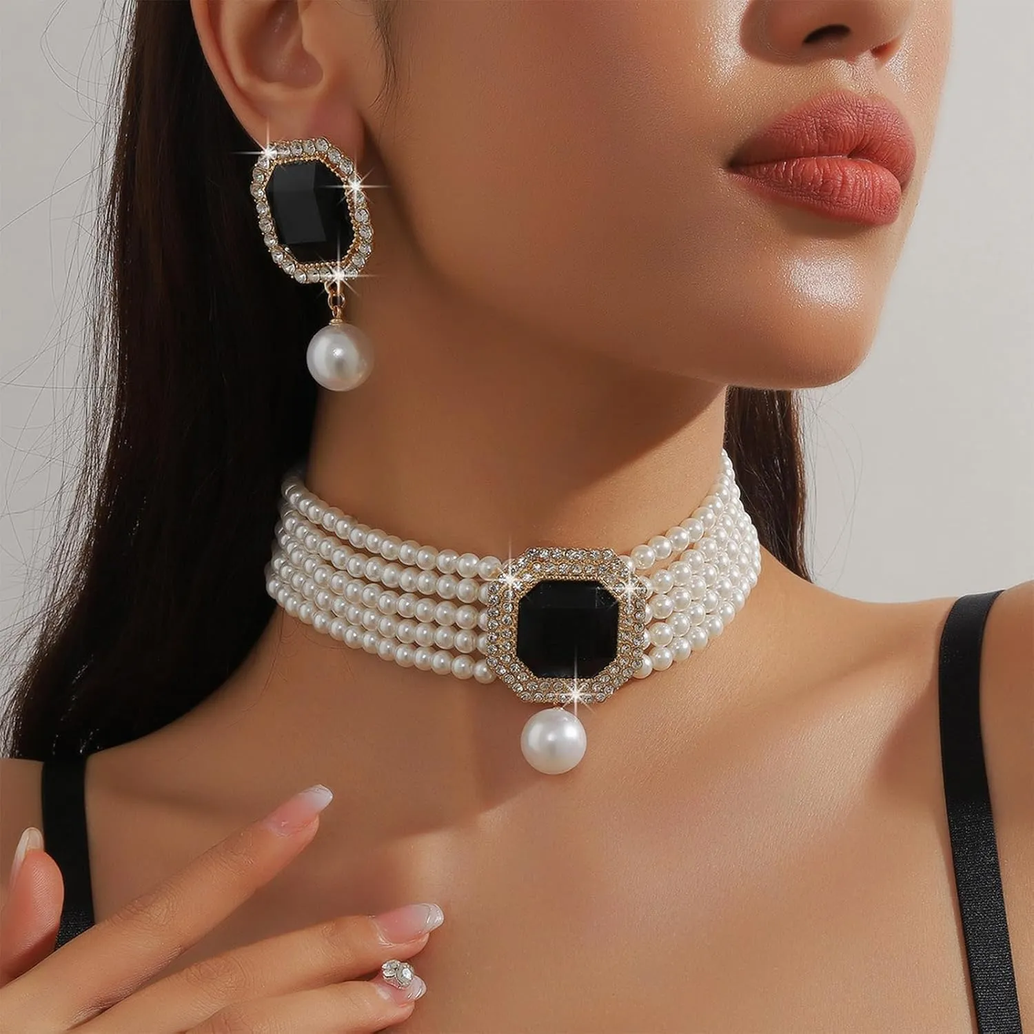 JNF Gold Plated Pearl Choker Collar Necklace for Women Crystal Rhinestone Pearl Statement Necklace and Earrings Bridal Pearls Diamond jewelry Set for Wedding