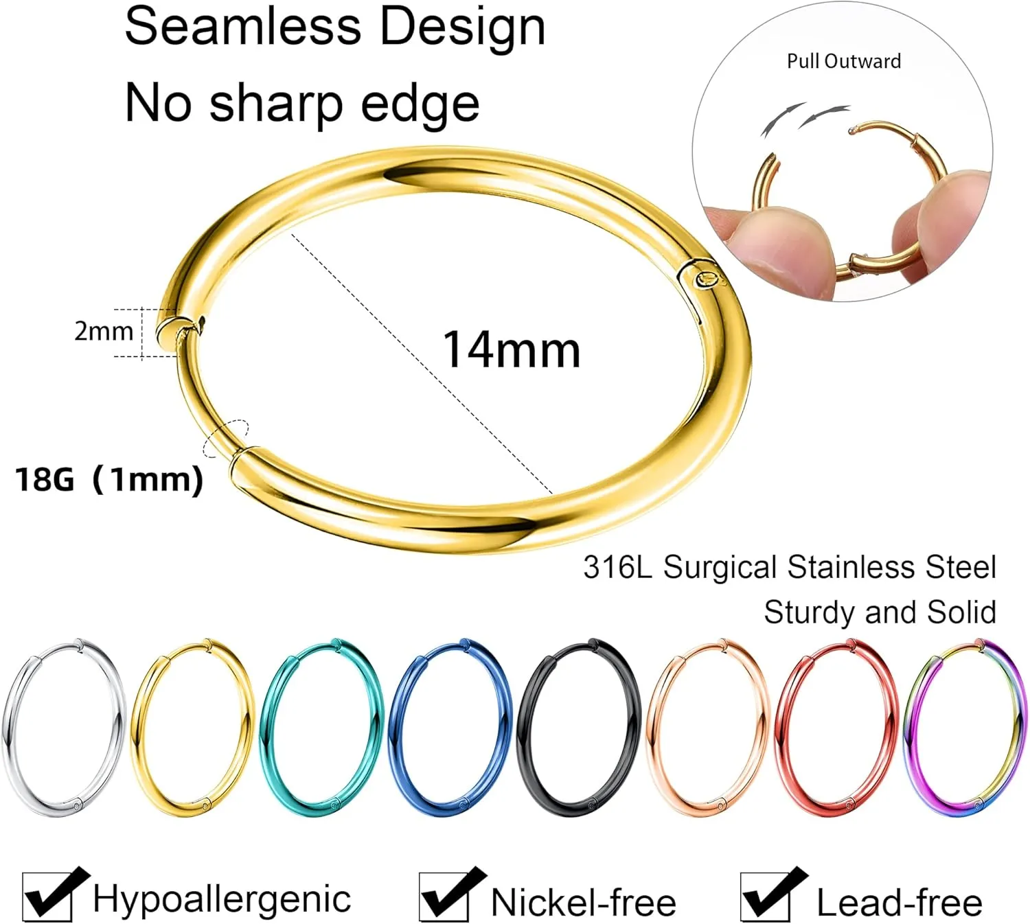 Jstyle 8 Pairs 316L Surgical Stainless Steel Small Hoop Earrings for Men Women Hypoallergenic Huggie Hoop Earrings Cartilage Helix Lobes Sleeper Hoop Earrings Set 18G 20G 8mm/10mm/12mm/14mm