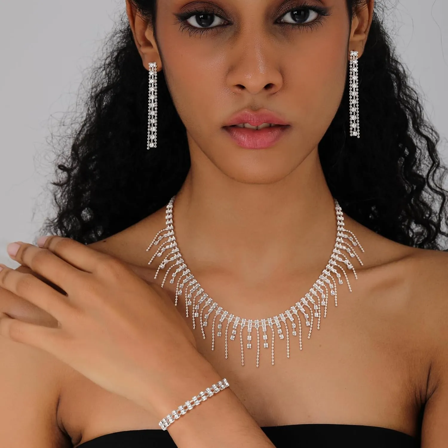 KesaPlan 14K Gold/925 Silver Plated Rhinestone Jewelry Set, Cubic Zircon Necklace, Bracelet, Earrings