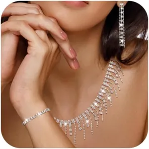 KesaPlan 14K Gold/925 Silver Plated Rhinestone Jewelry Set, Cubic Zircon Necklace, Bracelet, Earrings