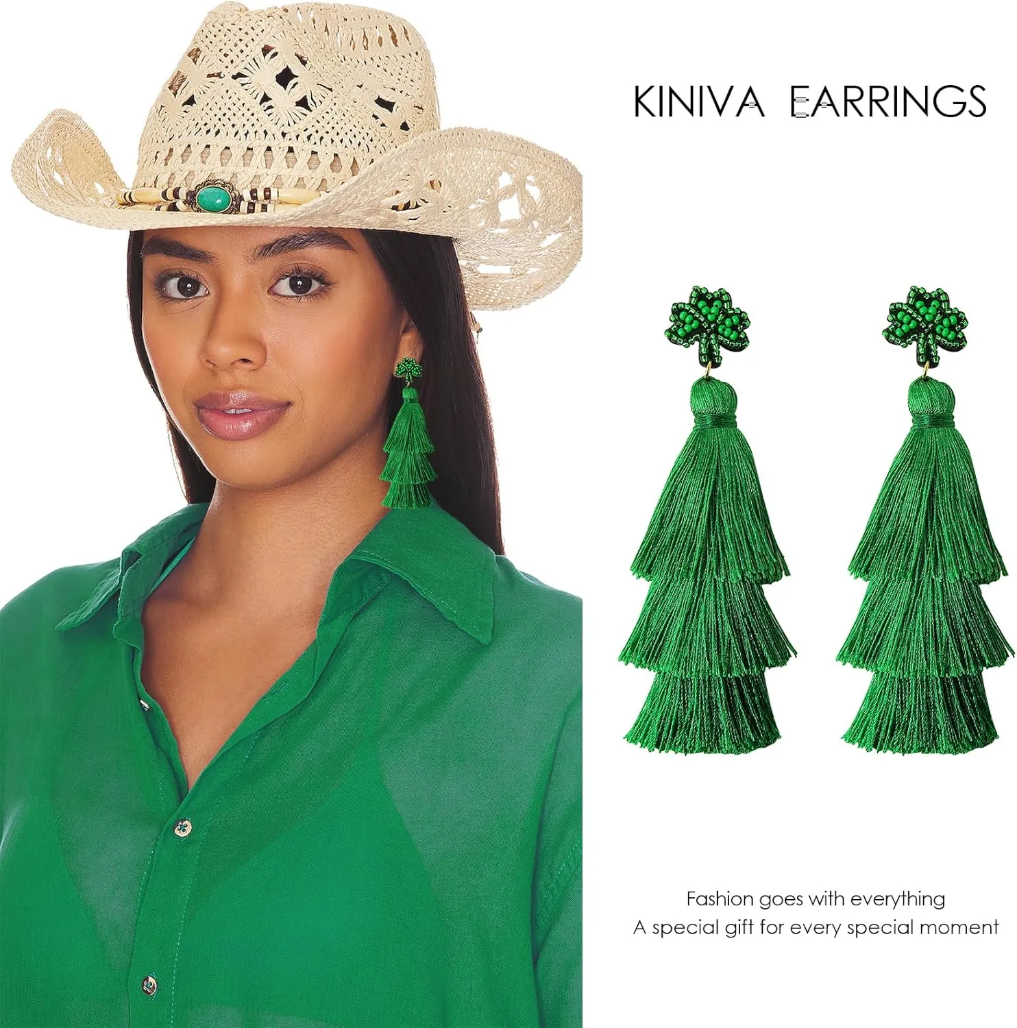 KINIVA St. Patrick's Day Earrings Green Shamrock Clover Earrings for Women Girls Handmade Bead Rhinestone Dangle Earrings Irish Holiday Jewelry Gift