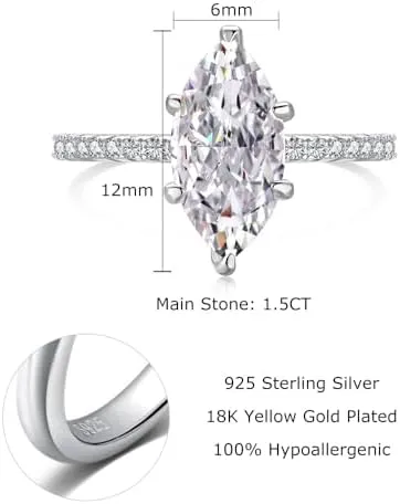 Lab Grown Diamond Ring, 1.5CT Marquise Engagement Ring for Woman, 18K White Gold Plated D Color VVS1 Clarity Promise Ring for Her, Simulated Diamond Wedding Band Anniversary Ring