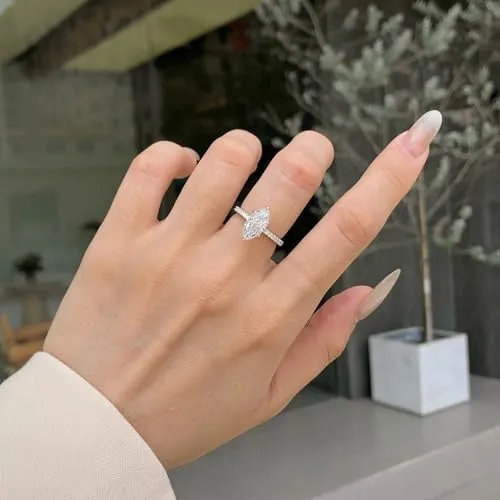 Lab Grown Diamond Ring, 1.5CT Marquise Engagement Ring for Woman, 18K White Gold Plated D Color VVS1 Clarity Promise Ring for Her, Simulated Diamond Wedding Band Anniversary Ring