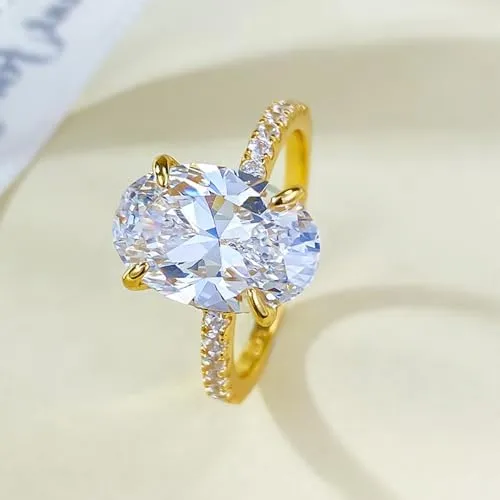 Lab Grown Engagement Ring for Women, 3.5CT Oval Cut 18k Gold Plated 4-Prong Lab Created Simulated Diamond Wedding Band, Promise Bridal Diamond Ring for Her