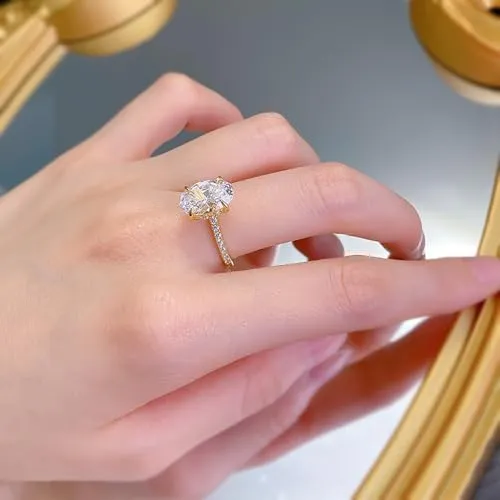 Lab Grown Engagement Ring for Women, 3.5CT Oval Cut 18k Gold Plated 4-Prong Lab Created Simulated Diamond Wedding Band, Promise Bridal Diamond Ring for Her