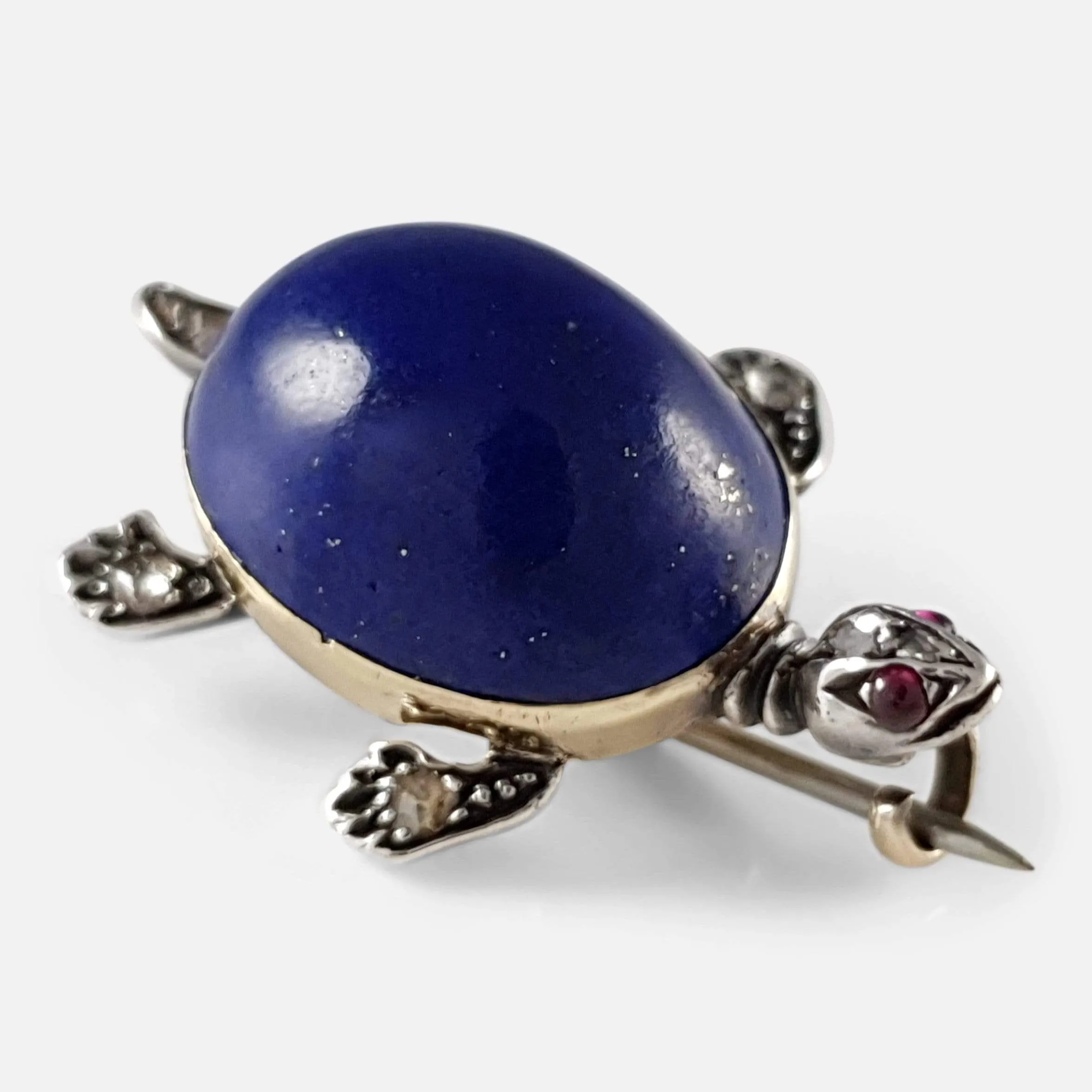 Lapis Lazuli, Diamond, and Ruby Turtle Brooch