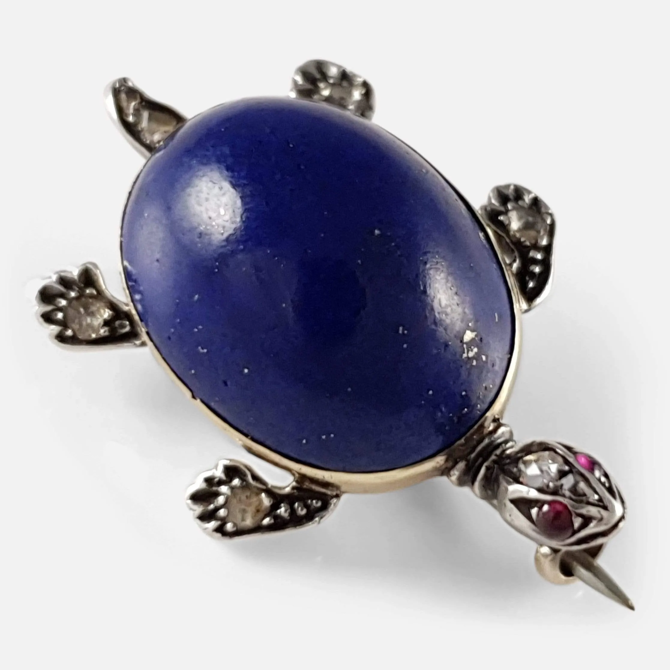 Lapis Lazuli, Diamond, and Ruby Turtle Brooch