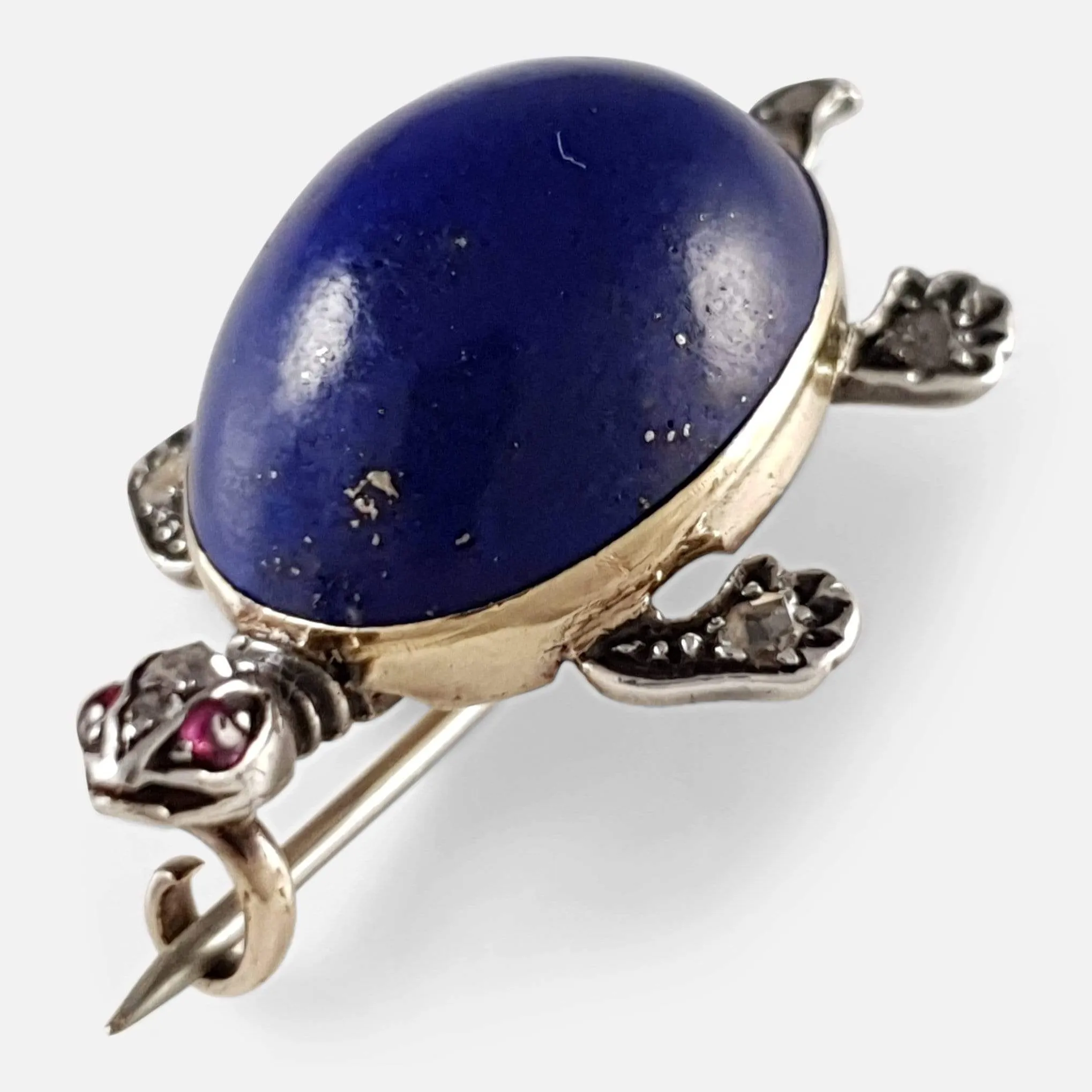 Lapis Lazuli, Diamond, and Ruby Turtle Brooch