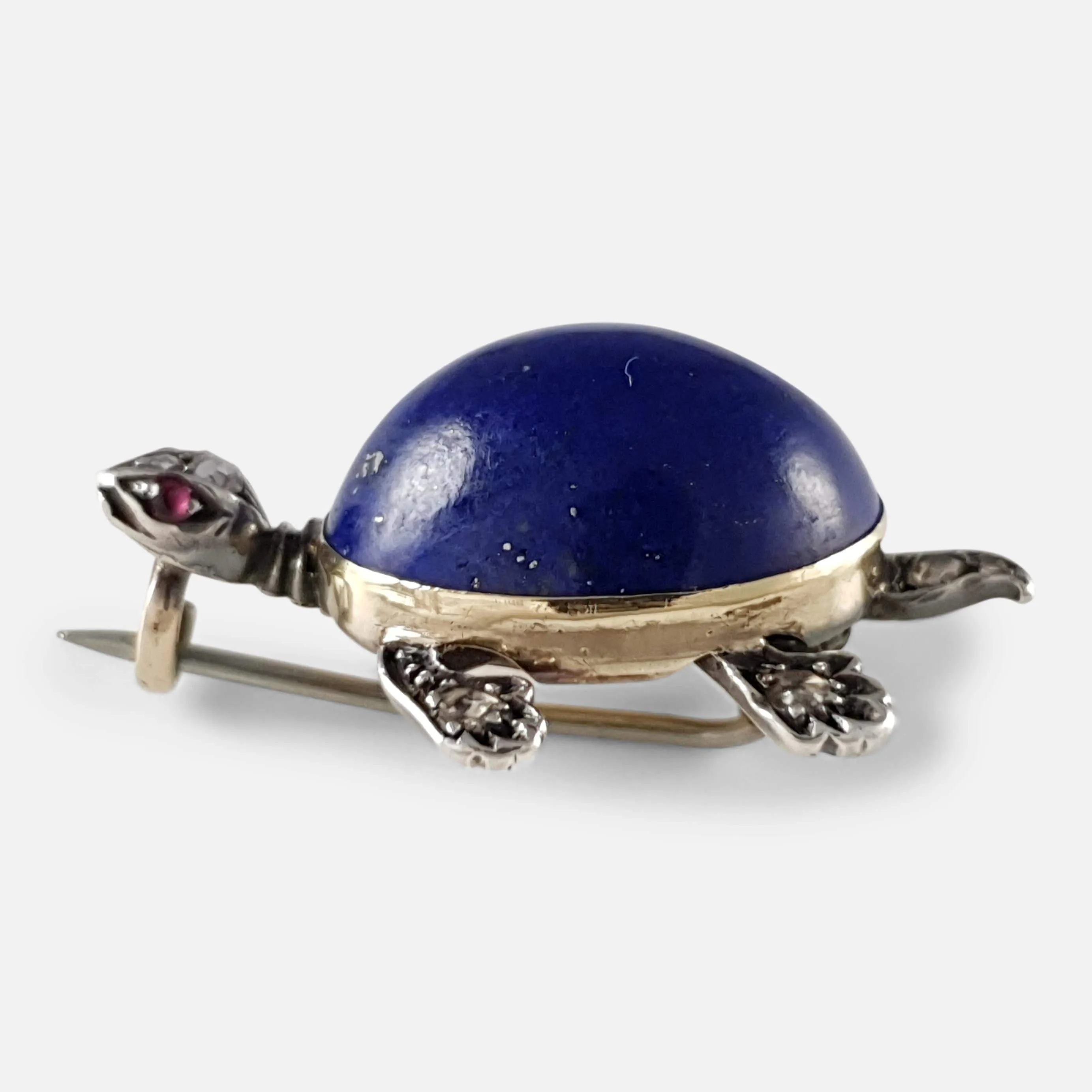 Lapis Lazuli, Diamond, and Ruby Turtle Brooch