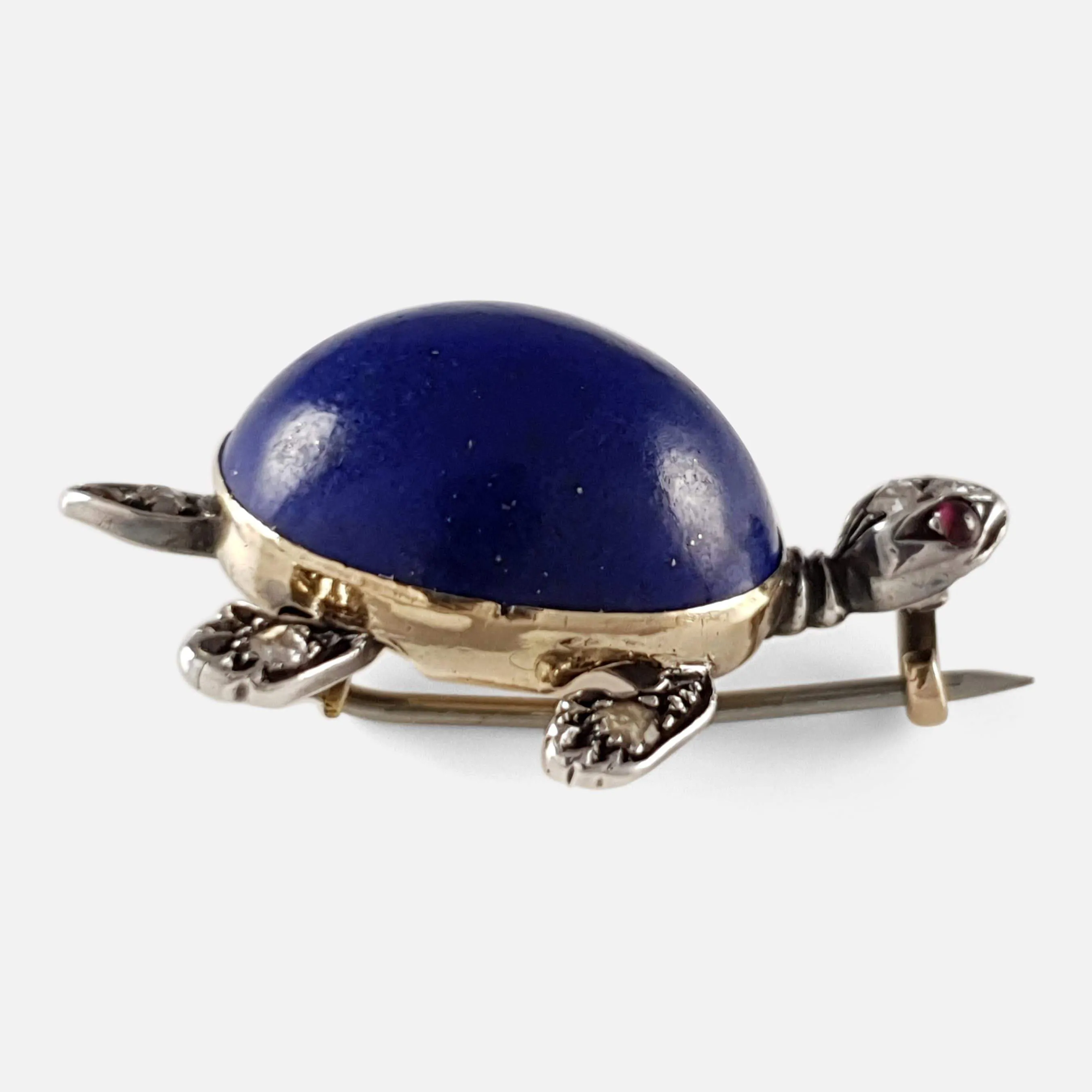 Lapis Lazuli, Diamond, and Ruby Turtle Brooch
