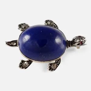 Lapis Lazuli, Diamond, and Ruby Turtle Brooch