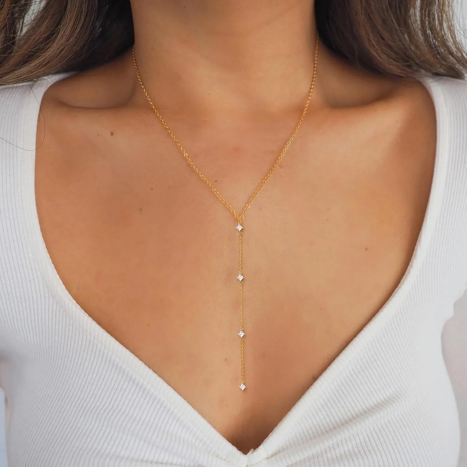 Lariat Necklaces for Women,Dainty Long Gold Necklaces 14K Gold Plated Lariat Necklace With CZ Y-Shaped Pendant Necklace Simple Non Tarnish Chain Layered Necklace Trendy Gold Jewelry for Women