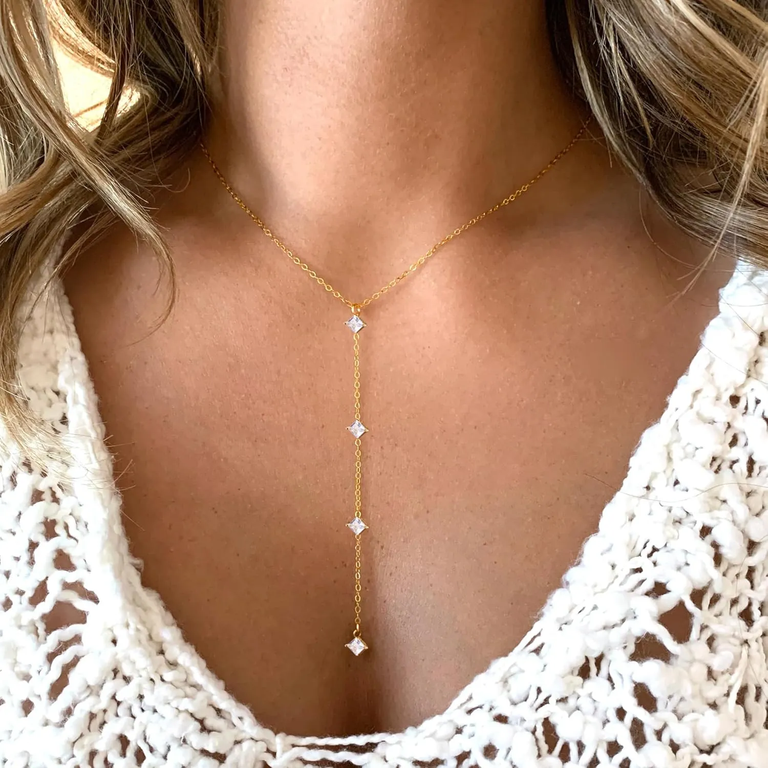 Lariat Necklaces for Women,Dainty Long Gold Necklaces 14K Gold Plated Lariat Necklace With CZ Y-Shaped Pendant Necklace Simple Non Tarnish Chain Layered Necklace Trendy Gold Jewelry for Women