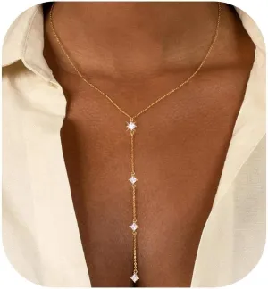 Lariat Necklaces for Women,Dainty Long Gold Necklaces 14K Gold Plated Lariat Necklace With CZ Y-Shaped Pendant Necklace Simple Non Tarnish Chain Layered Necklace Trendy Gold Jewelry for Women