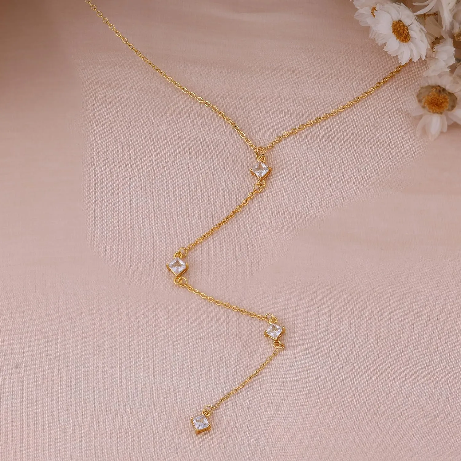 Lariat Necklaces for Women,Dainty Long Gold Necklaces 14K Gold Plated Lariat Necklace With CZ Y-Shaped Pendant Necklace Simple Non Tarnish Chain Layered Necklace Trendy Gold Jewelry for Women