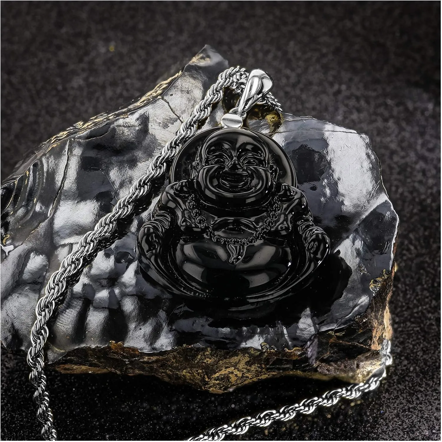 Laughing Buddha Black Jade Pendant Necklace Rope Chain Genuine Certified Grade A Jadeite Jade Hand Crafted, Jade Necklace, 14k White Gold Finish Silver Laughing Jade Buddha necklace